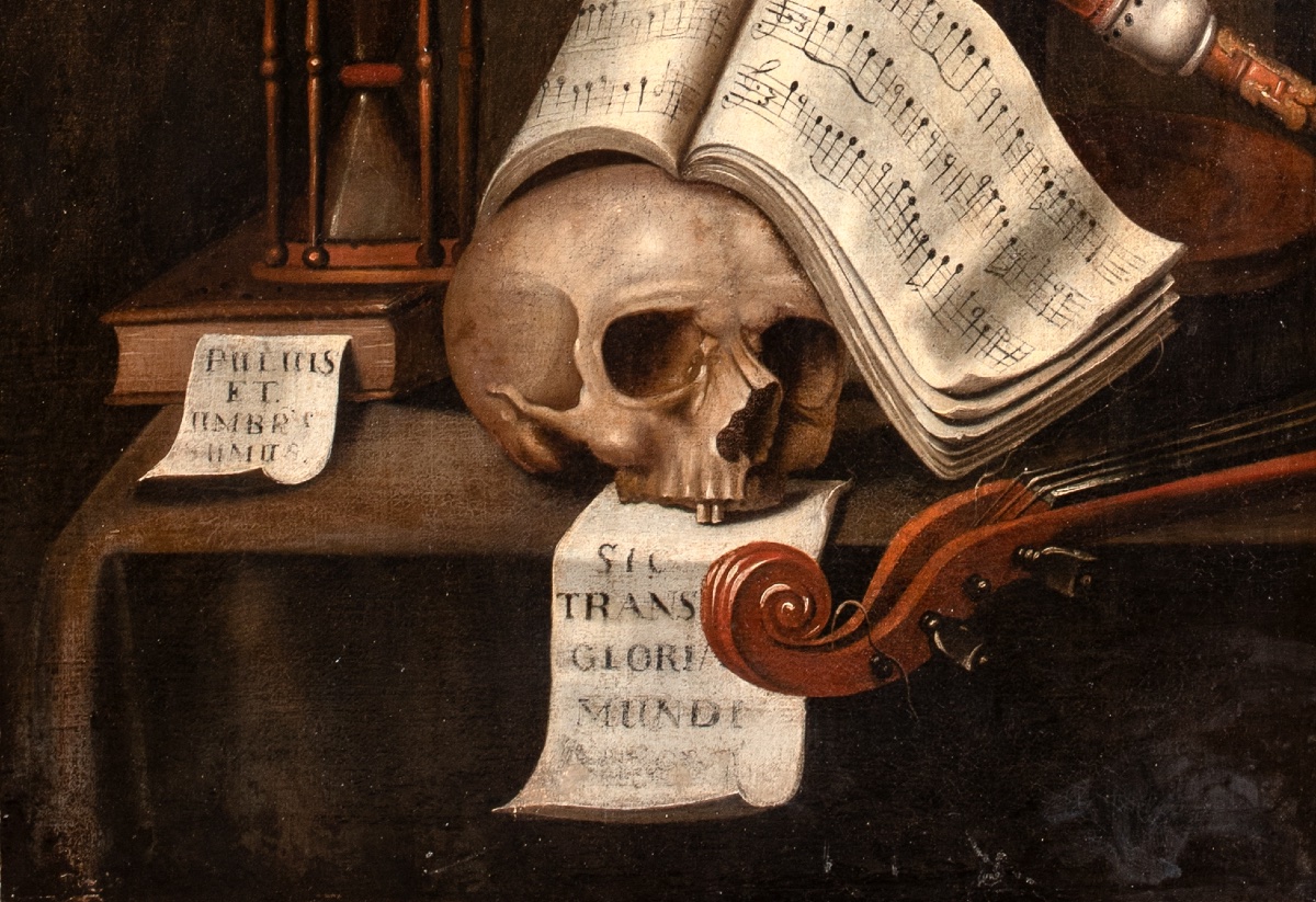 Nature morte de type vanité avec crâne, sablier, globe et instruments de musique, XVIIe siècle -photo-1