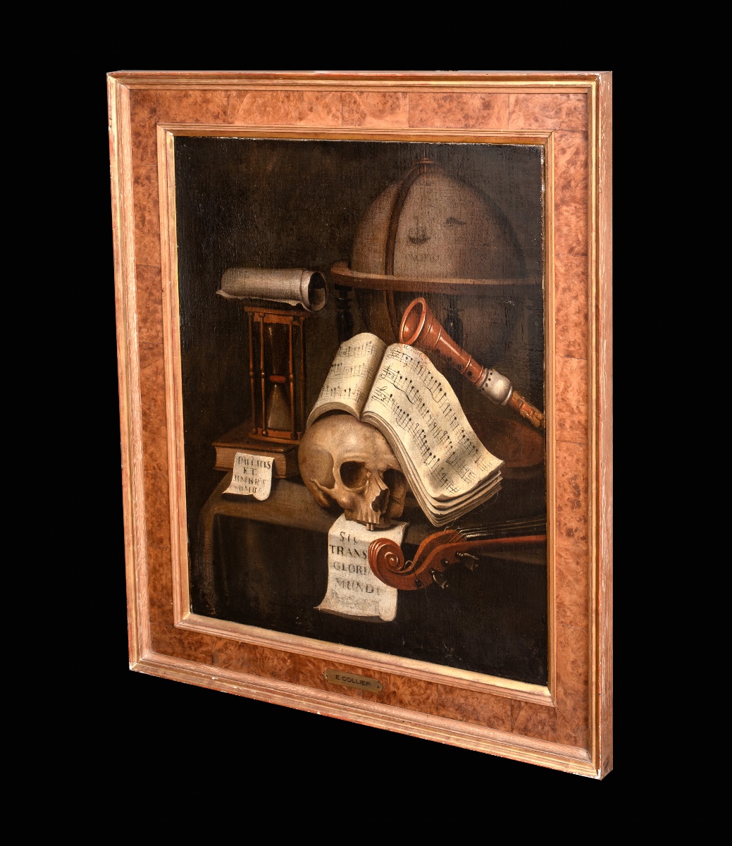 Nature morte de type vanité avec crâne, sablier, globe et instruments de musique, XVIIe siècle -photo-4