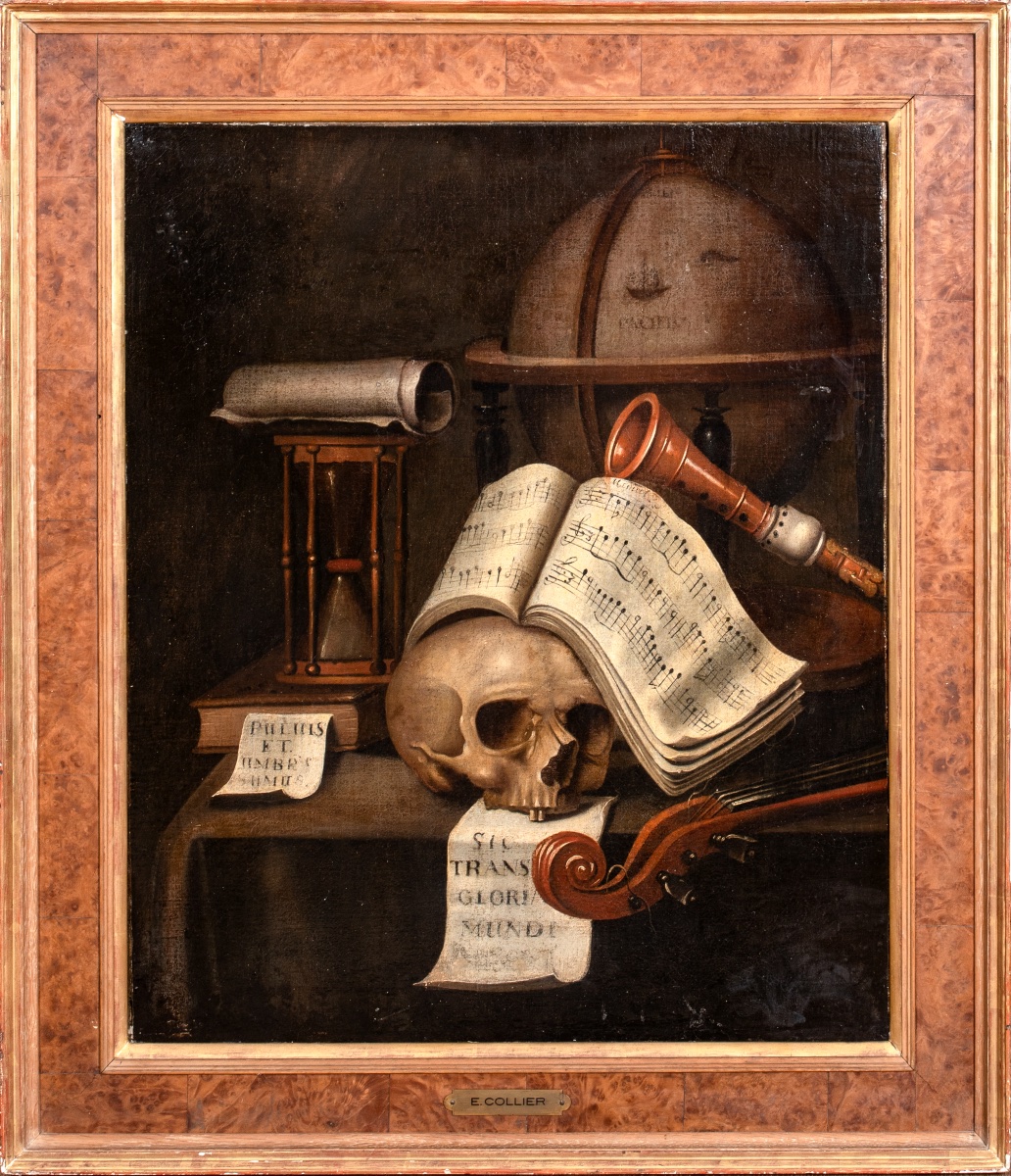 Nature morte de type vanité avec crâne, sablier, globe et instruments de musique, XVIIe siècle 