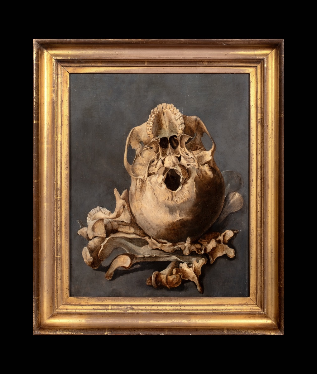 A Vanitas Still Life Depicting The Base Of A Skull And Bones, Oil On Panel -photo-2