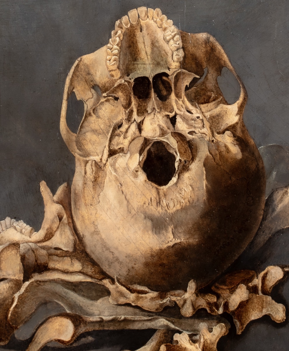 A Vanitas Still Life Depicting The Base Of A Skull And Bones, Oil On Panel -photo-2