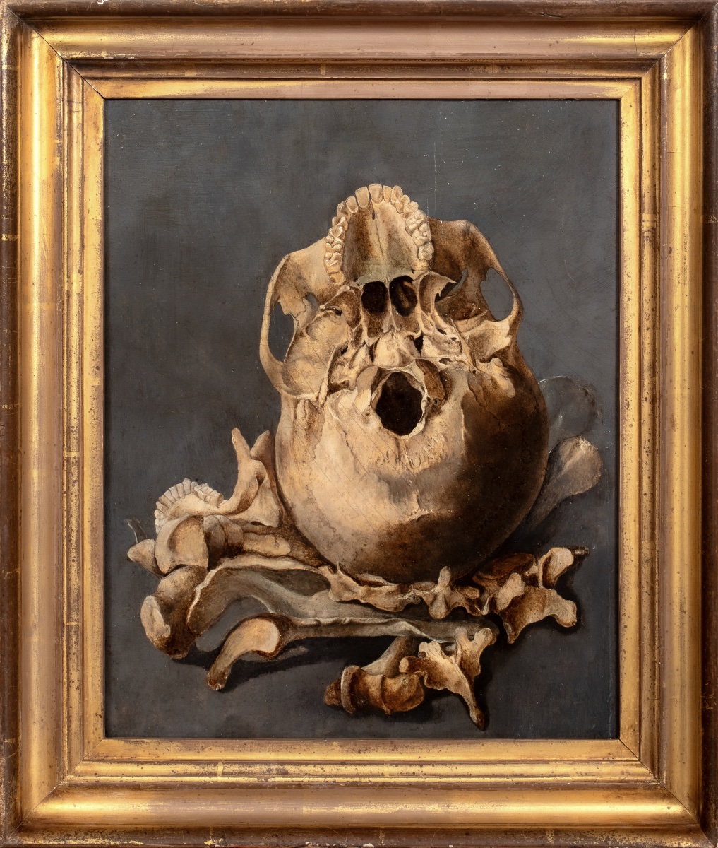 A Vanitas Still Life Depicting The Base Of A Skull And Bones, Oil On Panel 