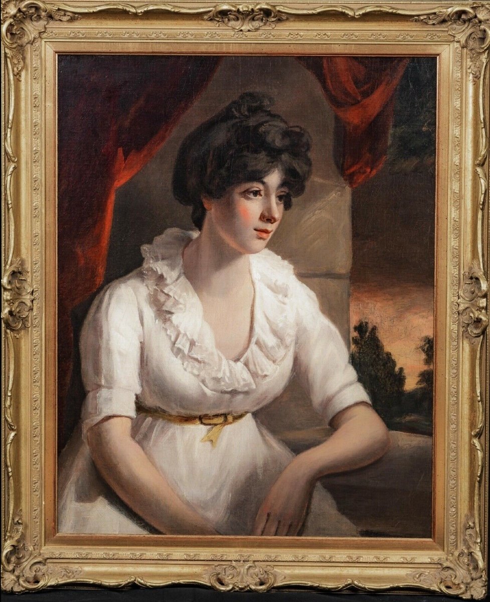 Portrait d'Une Dame Vêtue d'Une Robe Blanche, XIXe Siècle  Beau Portrait d'école Anglaise 1840