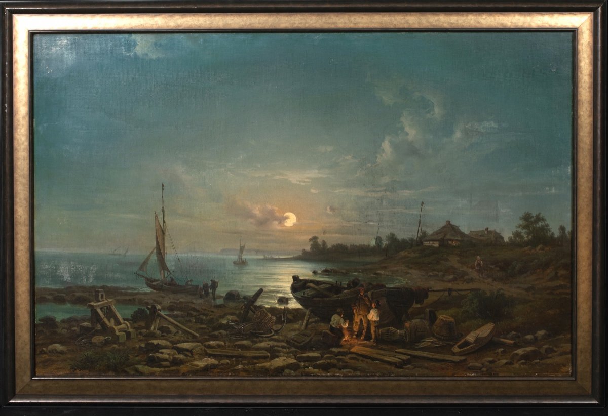 Contrebandiers Dans Un Paysage Côtier Au Clair De Lune, XIXe Siècle  Par Johann Anton Castell -photo-2