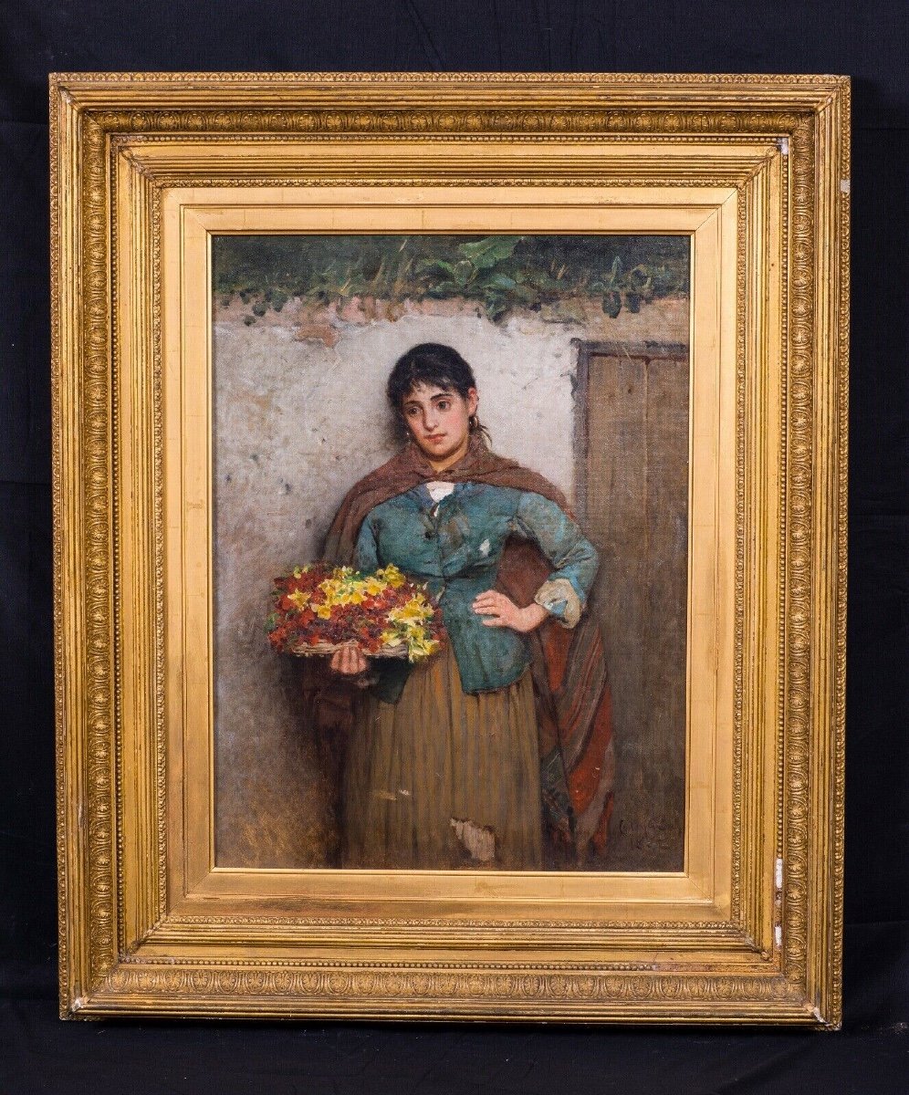 Portrait d'Une Fille Aux Fleurs Italienne, Daté 1882  Par Carlton Alfred Smith [1853-1946] -photo-2