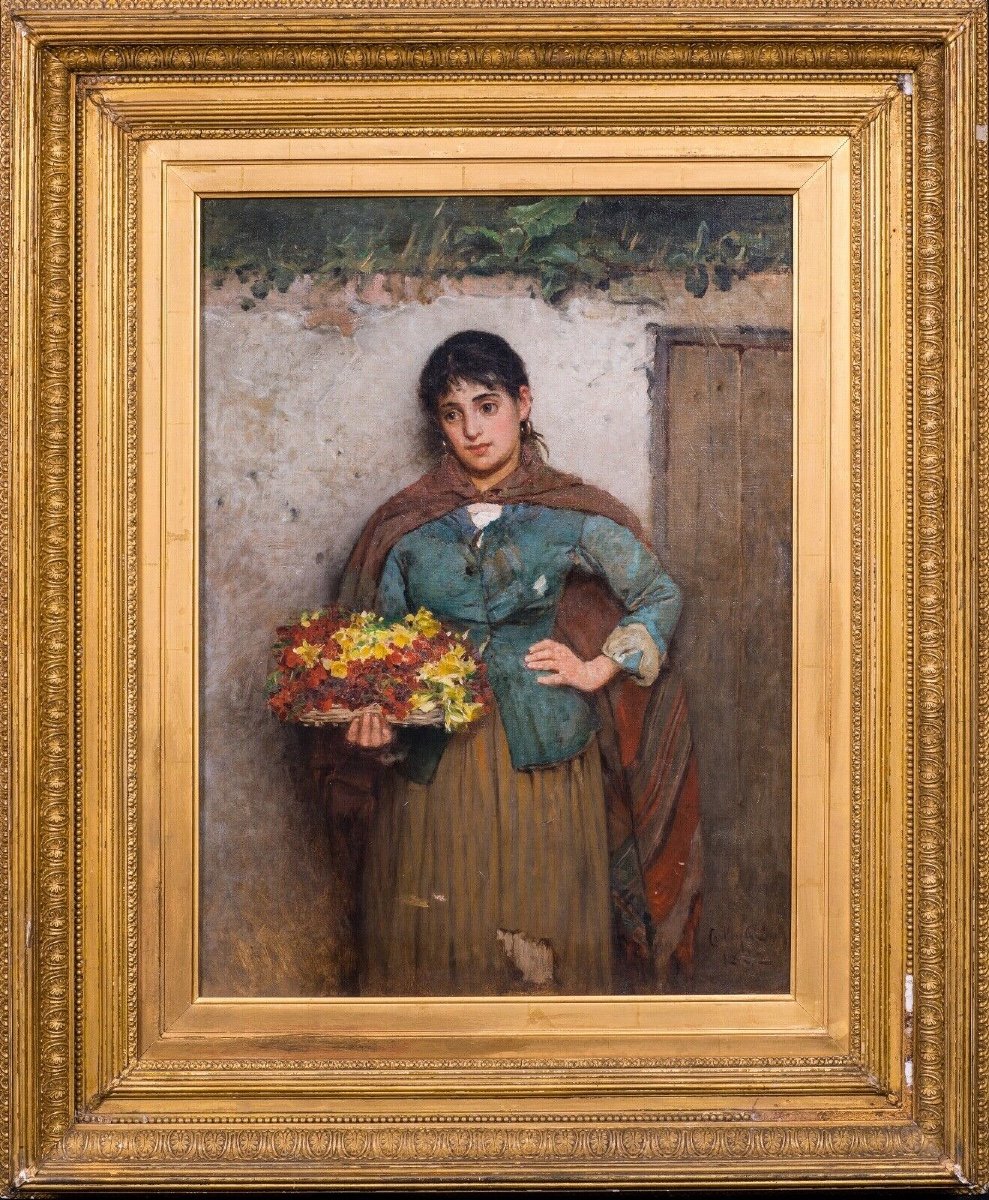 Portrait d'Une Fille Aux Fleurs Italienne, Daté 1882  Par Carlton Alfred Smith [1853-1946] 