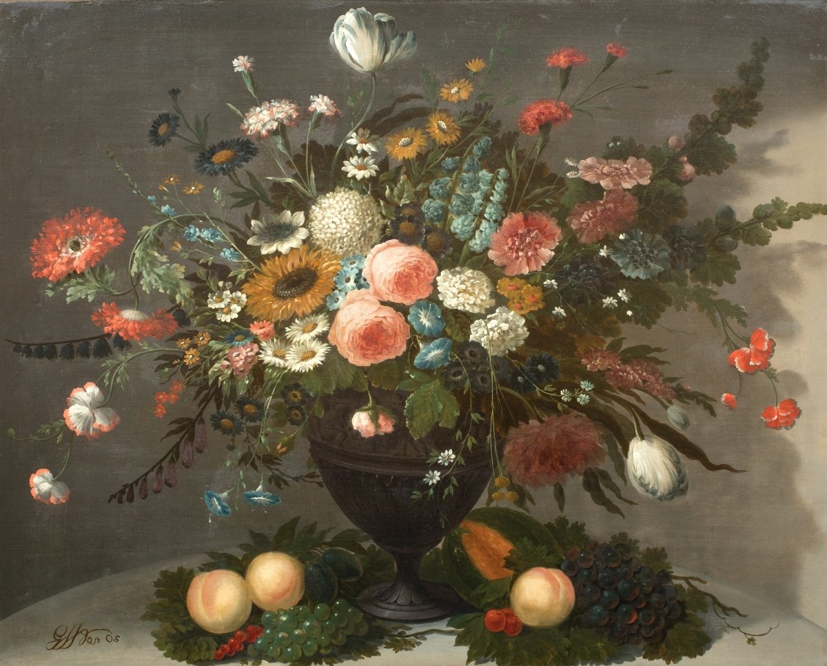 Nature Morte De Fleurs Dans Un Vase En Verre, Roses Chrysanthèmes, Roses   Jan Van Os-photo-2