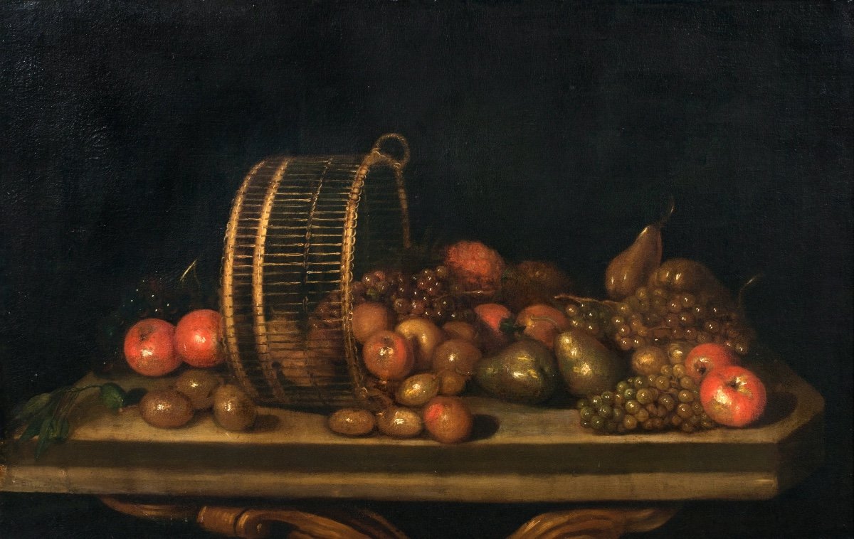 Still Life Of Pears, Apples And Grapes In An Upturned Basket, 17th Century