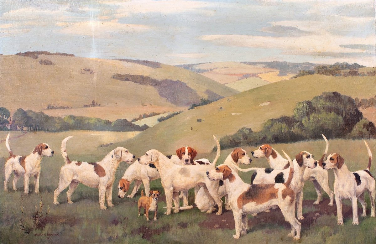The Hounds & A Terrier, Dated 1927 By Eleanor Shiffner (1896-1982)-photo-2
