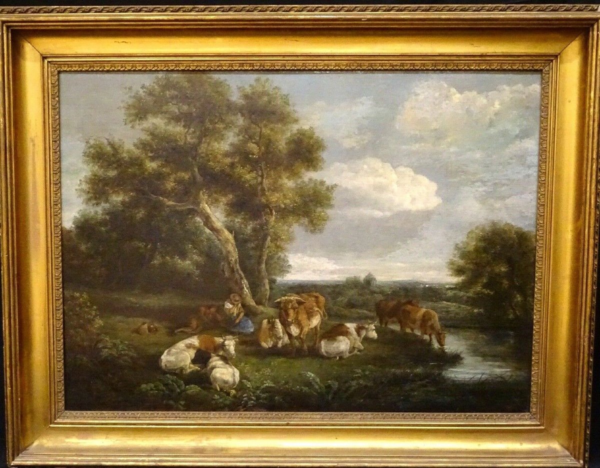 Cattle, Bouvier And Shepherdess Resting Near A Stream, 18th Century