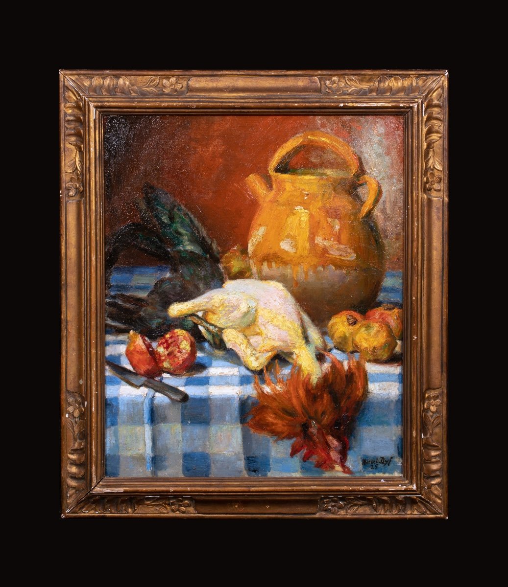 20th Century "chicken & Pomegranate" Still Life By Marcel Dyf (1899-1985)-photo-2