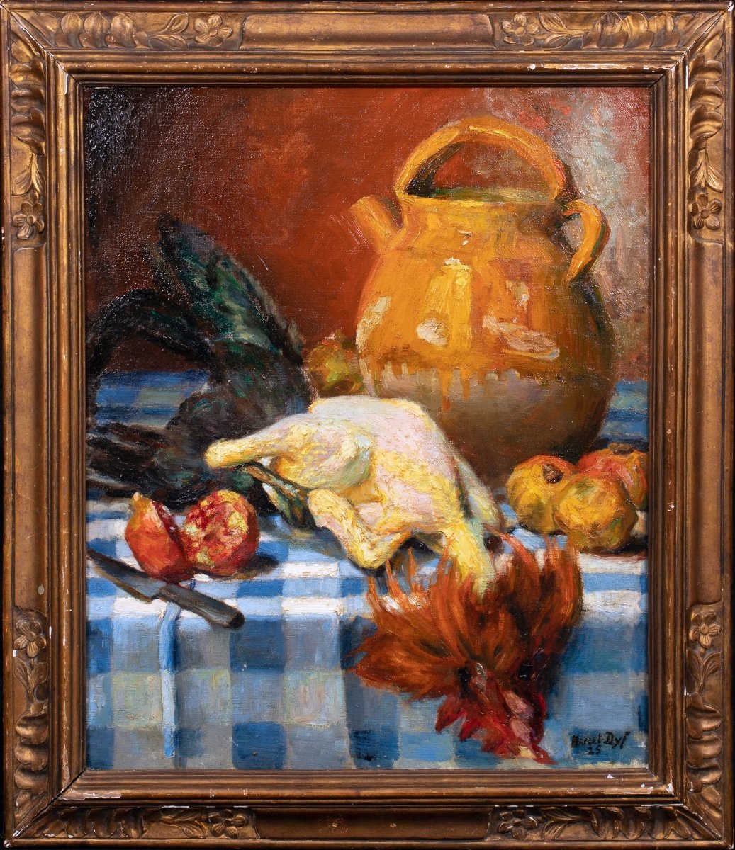 20th Century "chicken & Pomegranate" Still Life By Marcel Dyf (1899-1985)