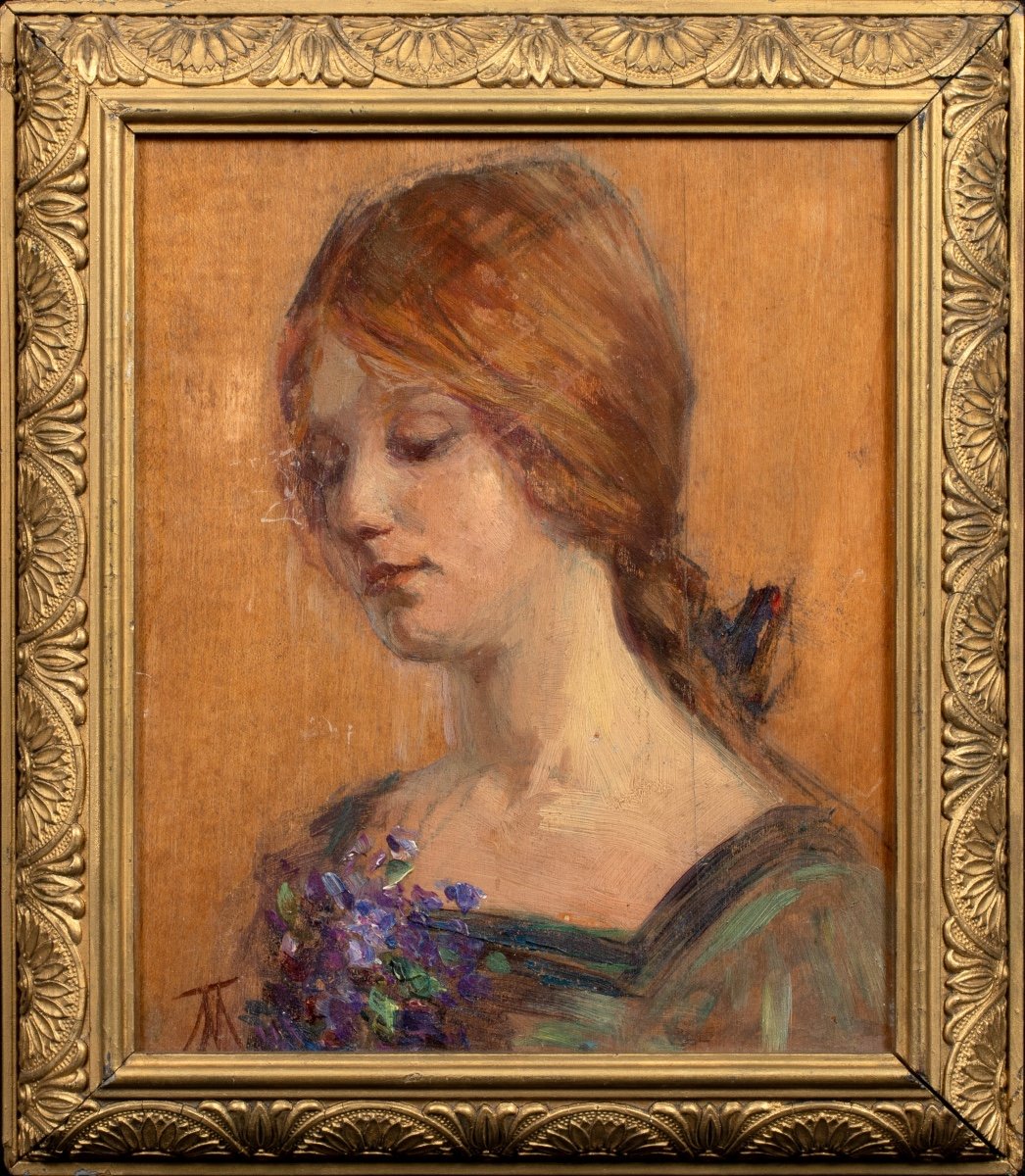 Portrait Of A Redhead Holding Flowers, Circa 1900-photo-2