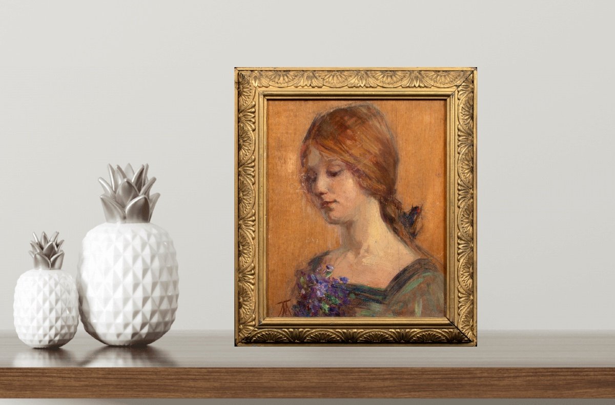 Portrait Of A Redhead Holding Flowers, Circa 1900-photo-4
