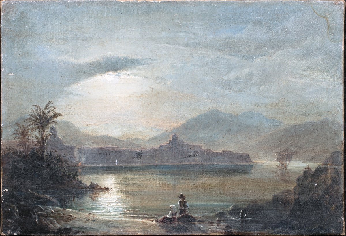 Paysage Au Clair De Lune, XIXe Siècle  Ecole Italienne - Malte Ou Vue Napolitaine