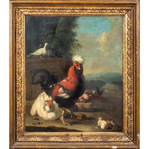 Garden Poultry, Chicks, Hens A Rooster And A Pigeon, Melchior d'Hondecoeter