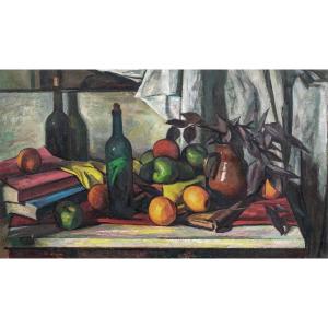 "Livres, Boutielle Et Fruits", vers 1900  inscrit à PAUL CEZANNE (1839-1906)  