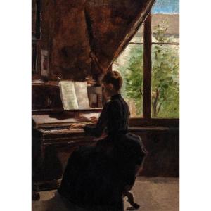 "young Girl At The Piano", 19th Century By Karl Meunier (1864-1894) Interior Scene