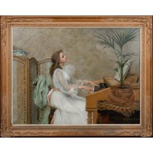 Portrait d'Une Jeune Fille Jouant Du Piano, XIXe Siècle  Par Berthe Burgkan (1855-1936)  