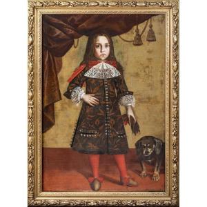 Portrait Of A Boy And A Dog, 17th Century Piedmontese School Circa 1620 Large Portrait