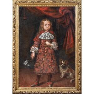 Portrait Of A Boy And A Dog, 17th Century Piedmontese School Circa 1620 Large Portrait