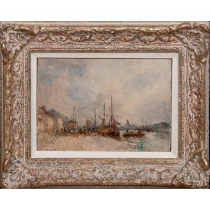 Boats On A Quay, Dieppe, 19th Century School Of Eugène Boudin 