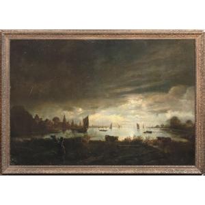 Paysage fluvial au clair de lune, XVIIe siècle  Attribué à Aert van der Neer (1603-1677) 