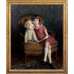 Portrait d'une jeune fille et d'un ours en peluche, daté de 1926  RENE MARIE JOLY DE BEYNAC
