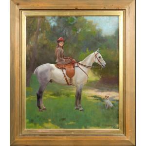 Portrait d'Hilda, montant son poney « Piano » accompagnée d'un Jack Russell Terrier, daté 1892