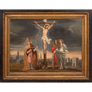 La Crucifixion, la Vierge Marie, saint Jean l'Évangéliste et saint Nicolas, XVIIe siècle 