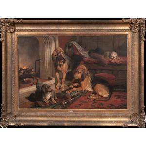 Chiens de Saint-Hubert et terriers près du feu, XIXe siècle  Par Carl Suhrlandt (1828-1919) 