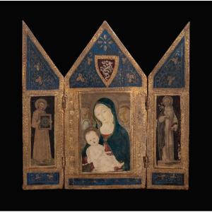 Triptyque de la Vierge à l'Enfant entourée de saints, huile sur panneau École italienne