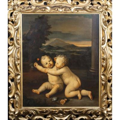Playing Putto, 19th Century Bolognese School - Huge Piece And Superb Antique Golden Frame