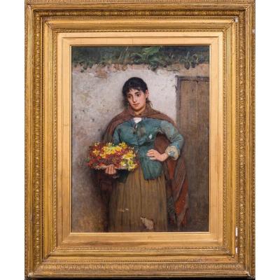 Portrait Of An Italian Flower Girl, Dated 1882 By Carlton Alfred Smith [1853-1946]