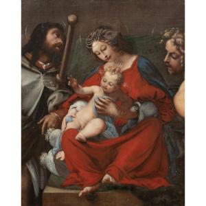 Madone, l'Enfant Jésus, St Roch & Saint Sébastien, XVIe Siècle  Disciple De Lorenzo Lotto 