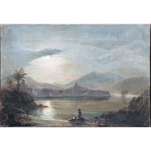 Paysage Au Clair De Lune, XIXe Siècle  Ecole Italienne - Malte Ou Vue Napolitaine