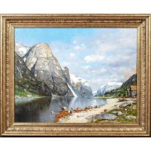 Norwegian Fjord Landscape, 19th Century European School - Signed Indistinctly