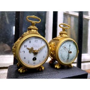 Rare Louis XVI Bronze Travel Clock Set