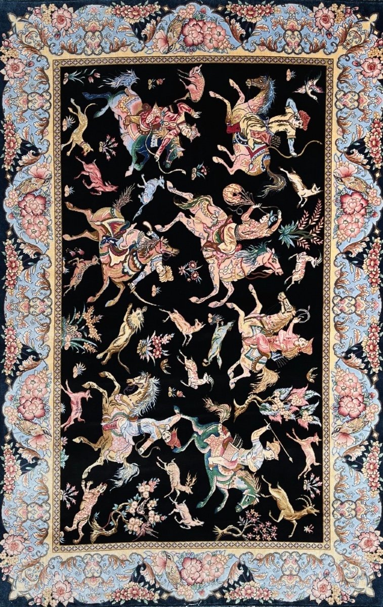 Indo-persian Silk Carpet Hunting Scene-photo-2