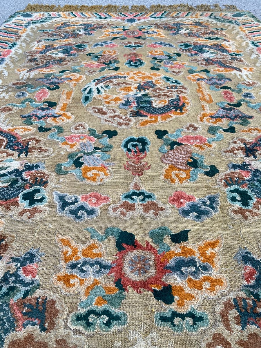 Chinese Carpet Decorated With 9 Dragons In Silk. Imperial Design, Relief .. Souf-photo-3