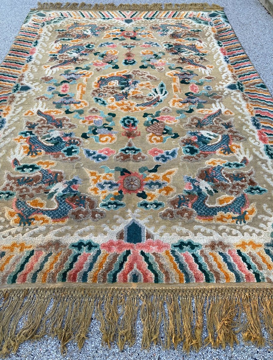 Chinese Carpet Decorated With 9 Dragons In Silk. Imperial Design, Relief .. Souf-photo-4