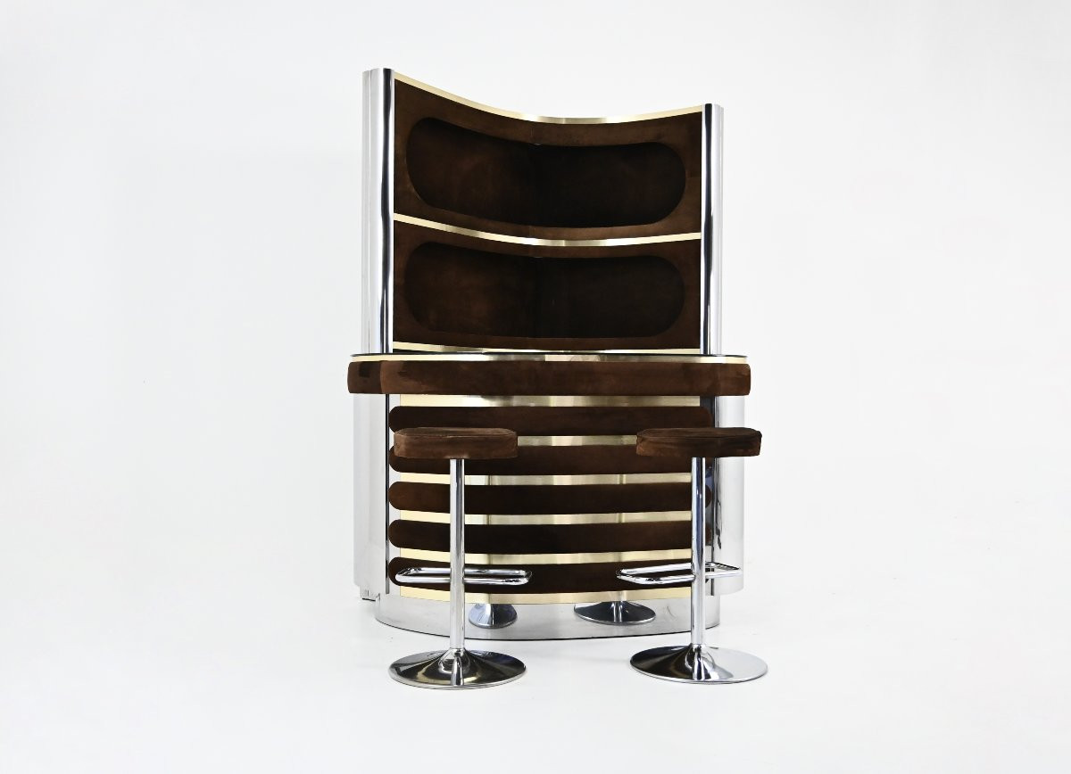 Bar Set With 2 Stools In The Style Of Willy Rizzo, 1970-photo-3