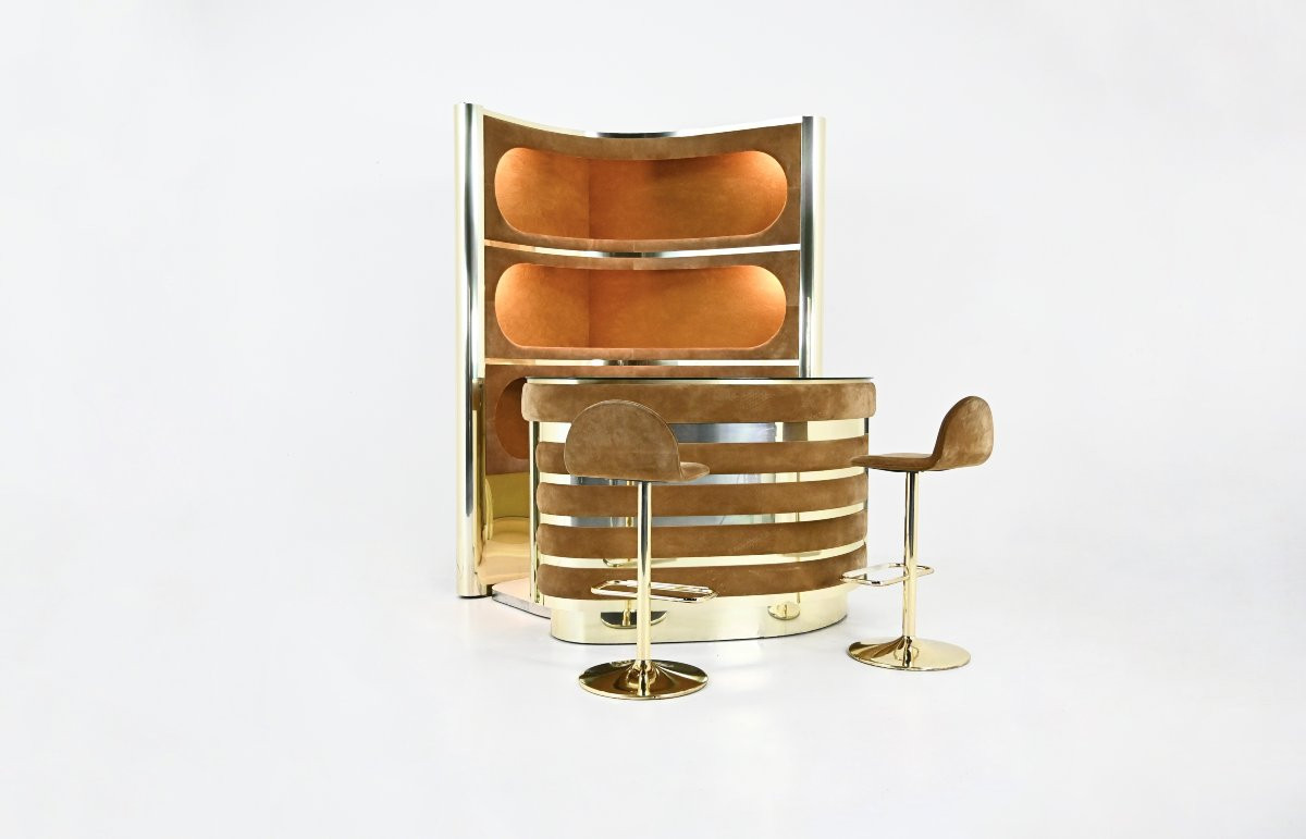Bar Set With 2 Stools Attributed To Willy Rizzo, 1970s-photo-2