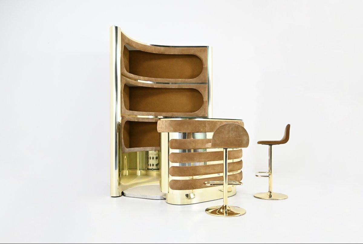 Bar Set With 2 Stools Attributed To Willy Rizzo, 1970s-photo-3