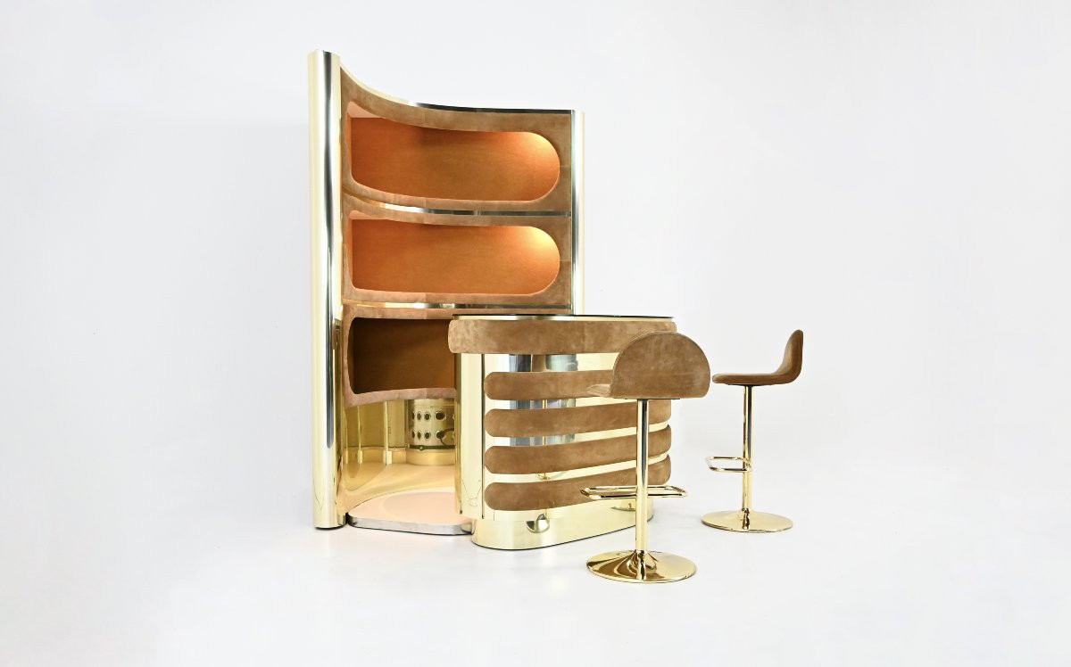 Bar Set With 2 Stools Attributed To Willy Rizzo, 1970s-photo-4