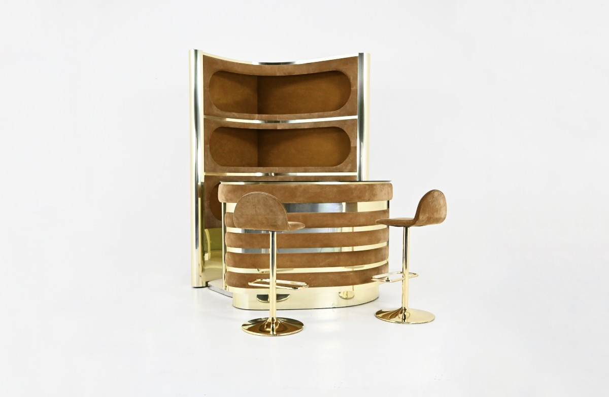 Bar Set With 2 Stools Attributed To Willy Rizzo, 1970s