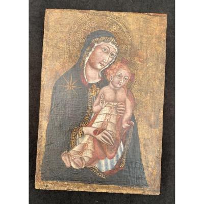 Peinture primitive italienne vierge à l'enfant fond or HST marouflée sur panneau Venise XIIIe s