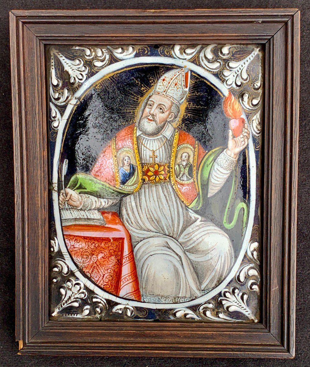 Début XVIIIe, plaque émail s/ cuivre figurant St Augustin,  2 mini portraits sur son étole-photo-1