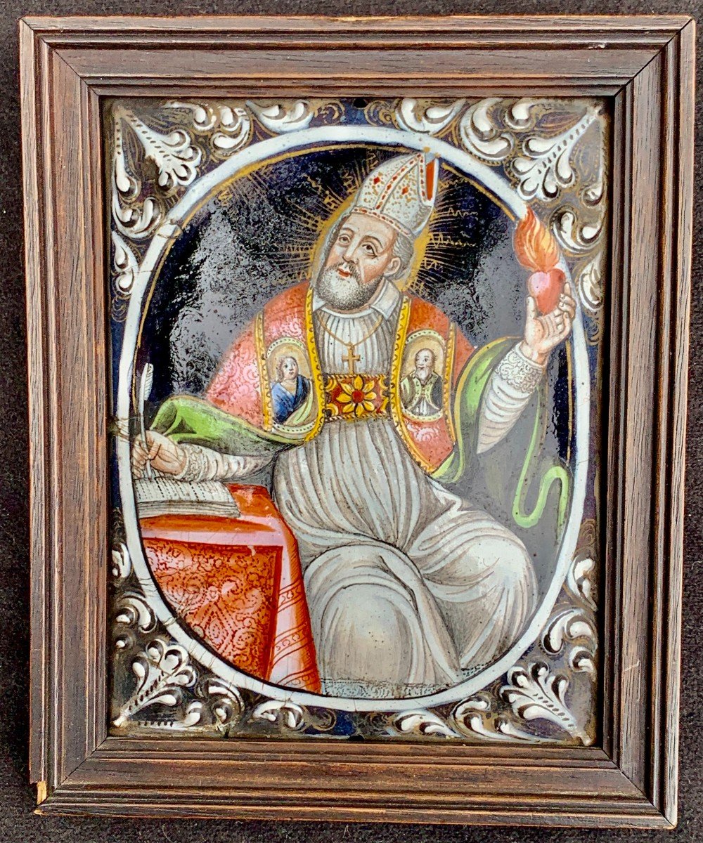 Début XVIIIe, plaque émail s/ cuivre figurant St Augustin,  2 mini portraits sur son étole