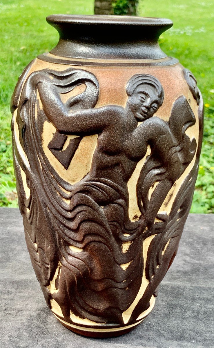 Nice "dancer" Stoneware Vase Designed By Geo Conde For Mougin- Nancy, Circa 1920-photo-2